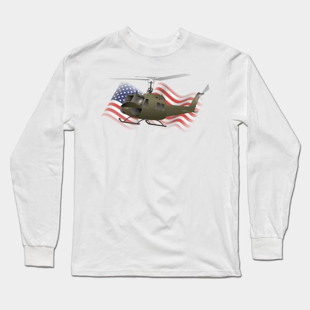 UH-1 Huey Helicopter with American Flag Long Sleeve T-Shirt by NorseTech